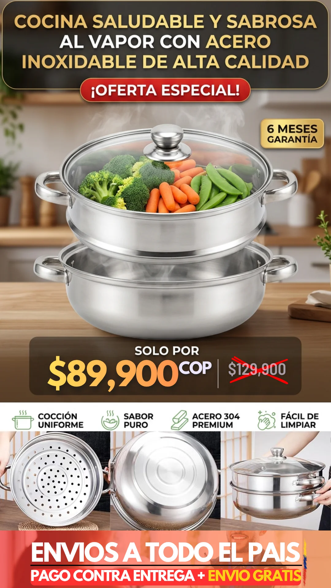 OLLA VAPORERA 3 EN 1 PREMIUM